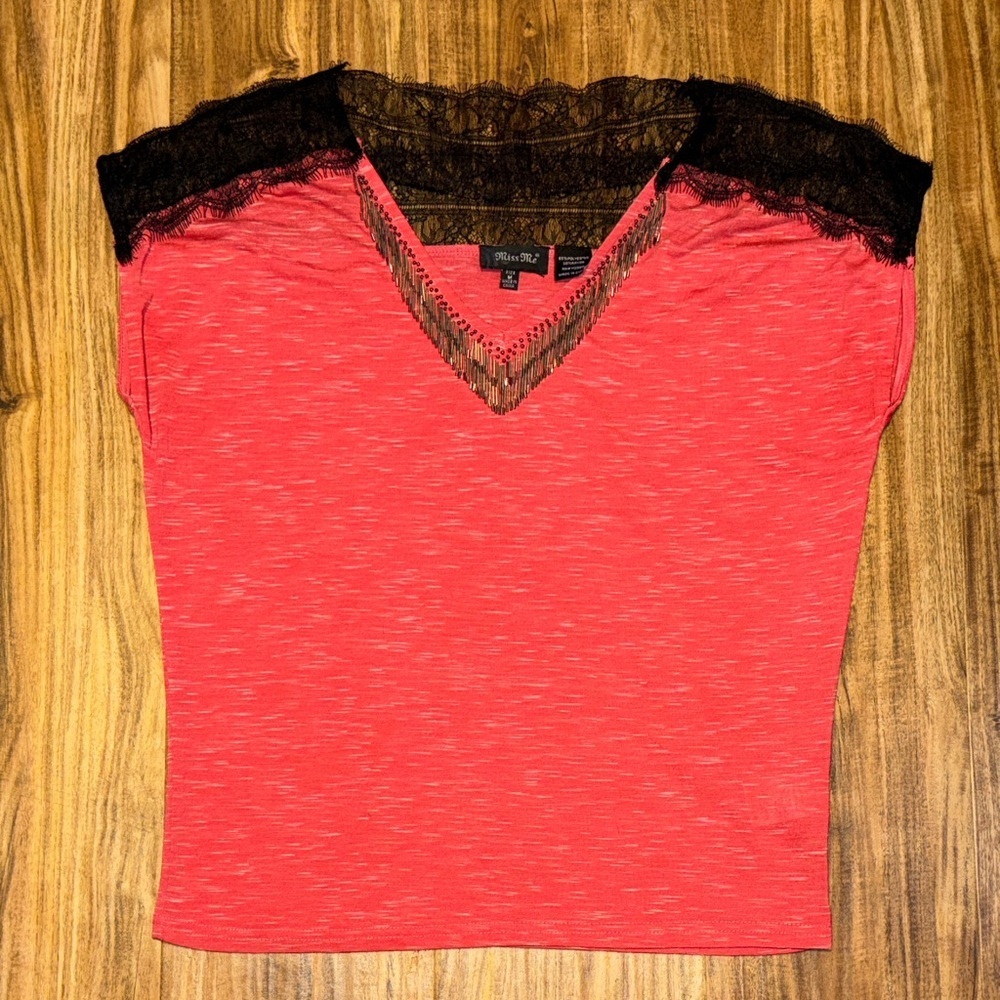 Miss Me women medium shirt top Coral pink black Heather Lace beaded neckline